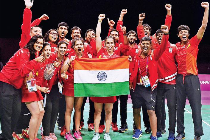 Selebrasi Tim India Saat Meraih Gelar Juara Beregu Campuran Commonwealth Games 2018.  Selebrasi Tim India Saat Meraih Gelar Juara Beregu Campuran Commonwealth Games 2018.