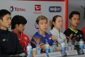 Marcus Fernaldi Gideon (Indonesia)saat sesi tanya jawab konfrensi pers Daihatsu Indonesia Masters 2020 BWF World Tour Super 500.