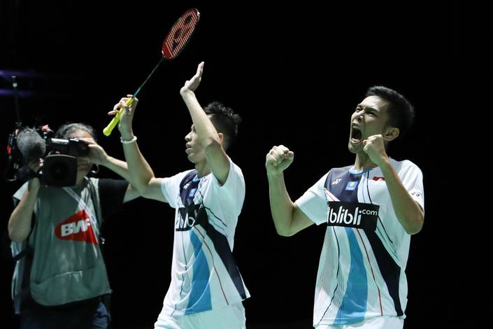 Selebrasi kemenangan Fajar Alfian/Muhammad Rian Ardianto (Indonesia). Selebrasi kemenangan Fajar Alfian/Muhammad Rian Ardianto (Indonesia).