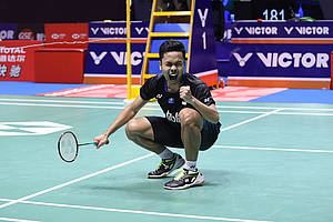Selebrasi kemenangan Anthony Sinisuka Ginting.