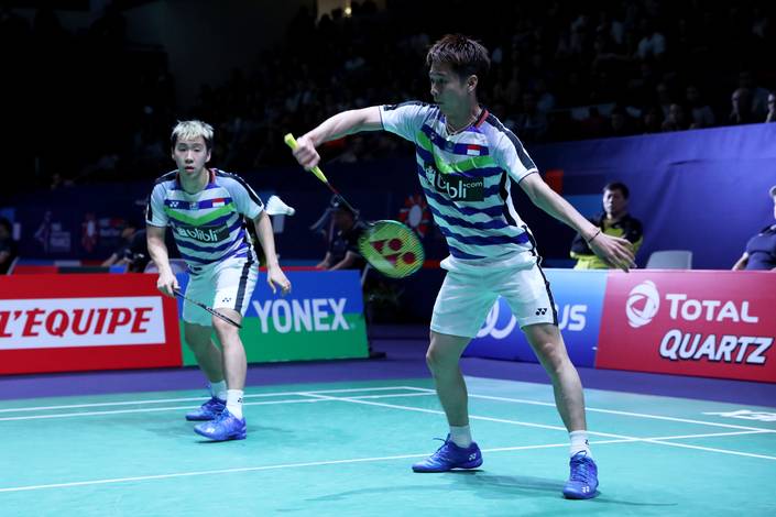 Kevin Sanjaya Sukamuljo/Marcus Fernaldi Gideon bersiap menghadang serangan. Kevin Sanjaya Sukamuljo/Marcus Fernaldi Gideon bersiap menghadang serangan.