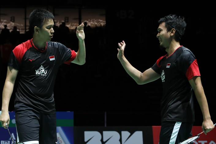 Selebrasi Hendra Setiawan/Mohammad Ahsan (Indonesia). Selebrasi Hendra Setiawan/Mohammad Ahsan (Indonesia).