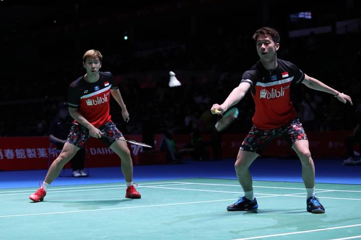Kevin Sanjaya Sukamuljo/Marcus Fernaldi Gideon (Indonesia) mengembalikan shuttlecock. Kevin Sanjaya Sukamuljo/Marcus Fernaldi Gideon (Indonesia) mengembalikan shuttlecock.