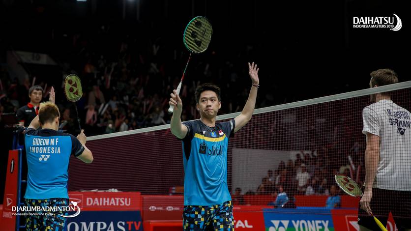 Selebrasi Kevin Sanjaya Sukamuljo/Marcus Fernaldi Gideon.