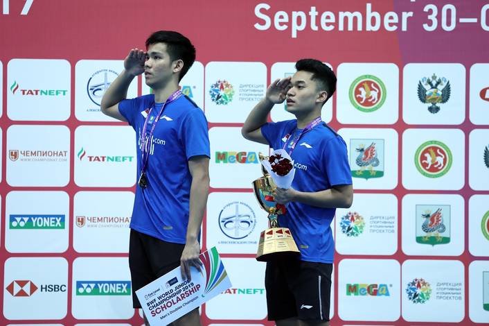 Leo Rolly Carnando/Daniel Marthin (PB Djarum Kudus) saat menjuarai World Junior Championships 2019. Leo Rolly Carnando/Daniel Marthin (PB Djarum Kudus) saat menjuarai World Junior Championships 2019.