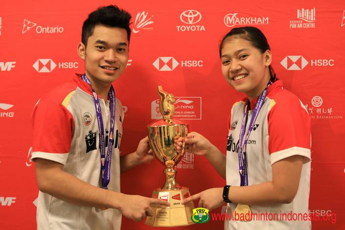 Leo Rolly Carnando/Indah Cahya Sari Jamil (Indonesia) saat menjuarai World Junior Championships 2018. Leo Rolly Carnando/Indah Cahya Sari Jamil (Indonesia) saat menjuarai World Junior Championships 2018.