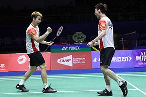 Selebrasi kemenangan Kevin Sanjaya Sukamuljo/Marcus Fernaldi Gideon (Indonesia).