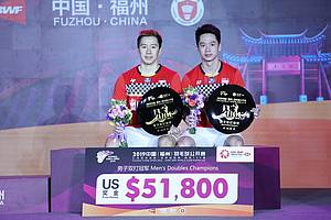 Kevin Sanjaya Sukamuljo/Marcus Fernaldi Gideon (Indonesia) keluar sebagai juara Fuzhou China Open 2019 BWF World Tour Super 750.