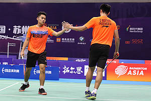 Selebrasi Leo Rolly Carnando/Daniel Marthin (Indonesia).