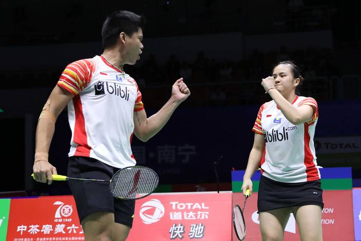 Selebrasi kemenangan Praveen Jordan/Melati Daeva Oktavianti (Indonesia).