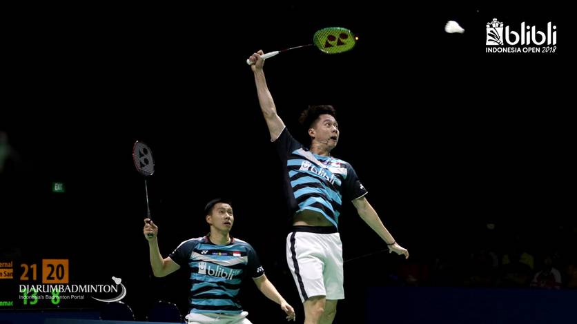 Kevin Sanjaya Sukamuljo/Marcus Fernaldi Gideon saat tampil di Blibli Indonesia Open 2018. Kevin Sanjaya Sukamuljo/Marcus Fernaldi Gideon saat tampil di Blibli Indonesia Open 2018.