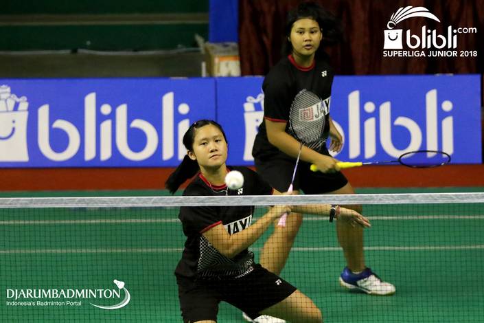 Lanny Tria Mayasari/Tryola Nadia (Jaya Raya) mengembalikan shuttlecock. Lanny Tria Mayasari/Tryola Nadia (Jaya Raya) mengembalikan shuttlecock.