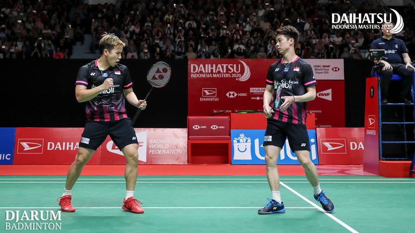 Selebrasi Kevin Sanjaya Sukamuljo/Marcus Fernaldi Gideon (Indonesia).