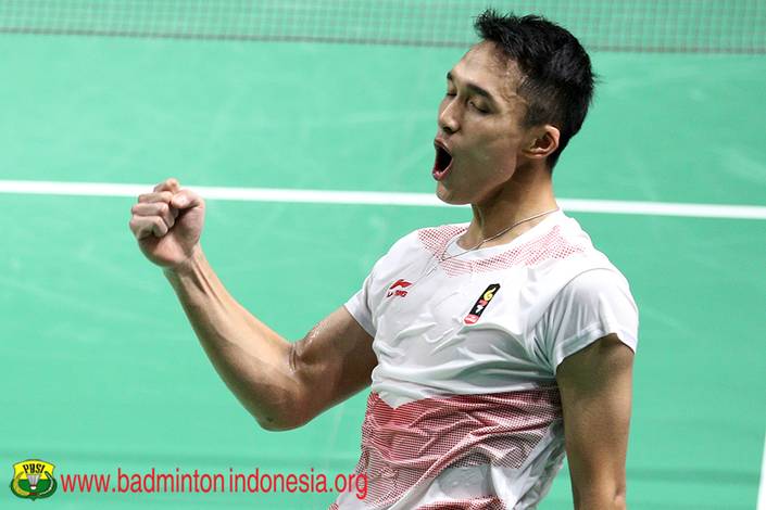 Selebrasi kemenangan Jonatan Christie. Selebrasi kemenangan Jonatan Christie.