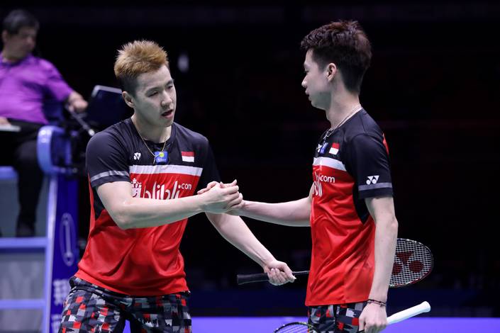 Ekspresi Kevin Sanjaya Sukamuljo/Marcus Fernaldi Gideon (Indonesia). Ekspresi Kevin Sanjaya Sukamuljo/Marcus Fernaldi Gideon (Indonesia).