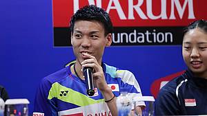 Kazumasa Sakai (Jepang) saat konfrensi pers Yuzu Indonesia Masters 2019 BWF Tour Super 100.