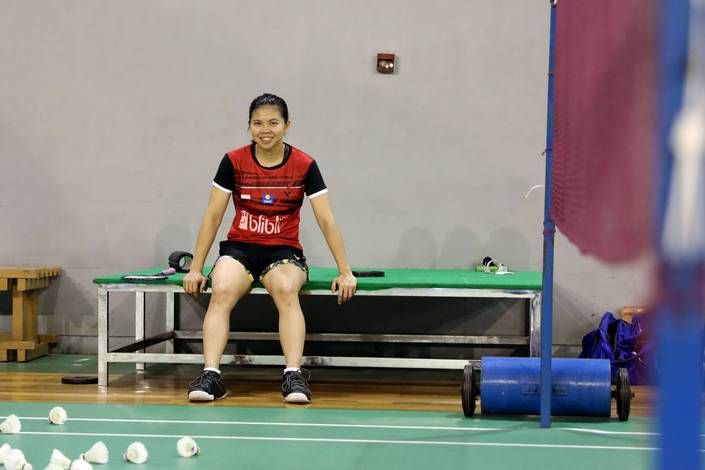 Greysia Polii (Indonesia) saat rehat usai menjalani sesi latihan. Greysia Polii (Indonesia) saat rehat usai menjalani sesi latihan.