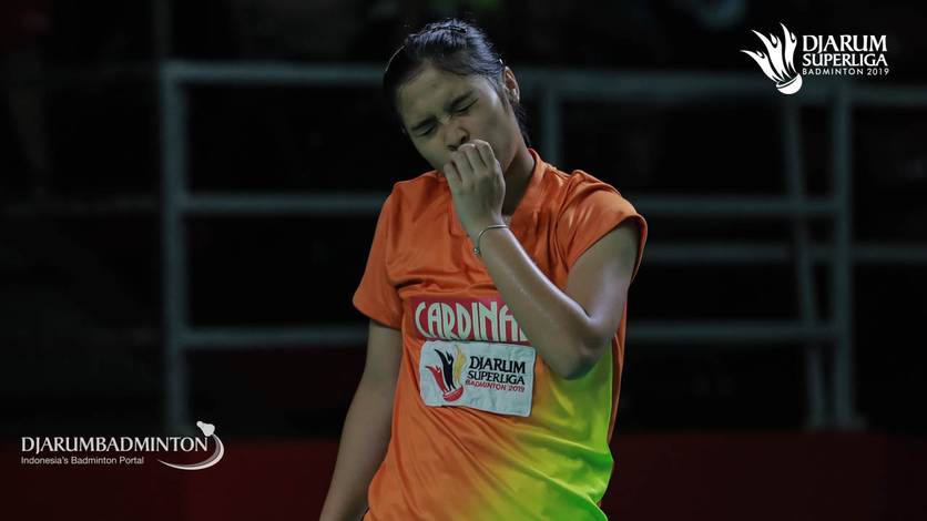 Ekspresi kekecewaan Gregoria Mariska Tunjung (Mutiara Cardinal).
