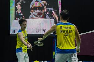 Kevin Sanjaya Sukamuljo/Marcus Fernaldi Gideon (Indonesia) saat tampil pada pertandingan Simulasi Olimpiade Tokyo 2020. (Foto: PP PBSI)