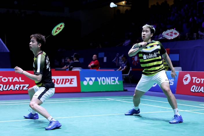 Kevin Sanjaya Sukamuljo/Marcus Fernaldi Gideon bersiap menghadang pengembalian.