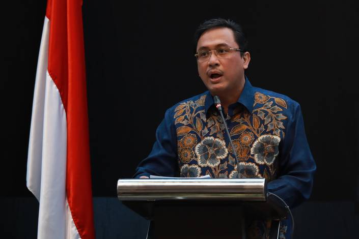 Ketua Umum PP PBSI terpilih periode 2020-2024, Agung Firman Sampurna saat memberikan sambutan.