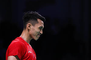 Ekspresi kekecewaan Jonatan Christie (Indonesia).