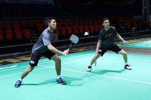 Fajar Alfian/Muhammad Rian Ardianto (Indonesia) saat melakukan sesi latihan di Rizal Memorial Coliseum, Manila, Filipina.