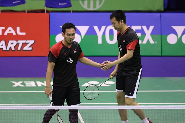 Selebrasi Hendra Setiawan/Mohammad Ahsan (Indonesia).