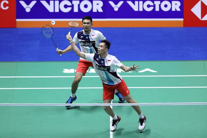 Fajar Alfian/Muhammad Rian Ardianto (Indonesia) melepaskan serangan. Fajar Alfian/Muhammad Rian Ardianto (Indonesia) melepaskan serangan.
