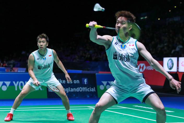 Kevin Sanjaya Sukamuljo/Marcus Fernaldi Gideon (Indonesia) menghadang pengembalian. Kevin Sanjaya Sukamuljo/Marcus Fernaldi Gideon (Indonesia) menghadang pengembalian.