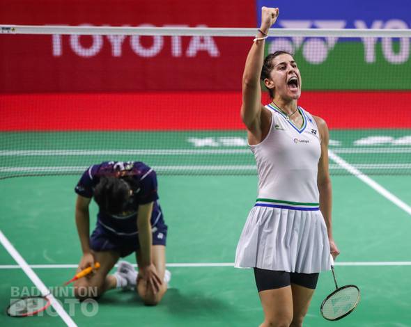Selebrasi kemenangan Carolina Marin (Spanyol). (Copyright: Badmintonphoto | Courtesy of BWF) Selebrasi kemenangan Carolina Marin (Spanyol). (Copyright: Badmintonphoto | Courtesy of BWF)