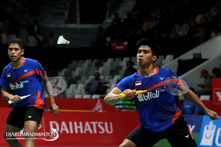 Sabar Karyaman Gutama/Franky Wijaya Putra (Indonesia) bersiap menghadang serangan. Sabar Karyaman Gutama/Franky Wijaya Putra (Indonesia) bersiap menghadang serangan.