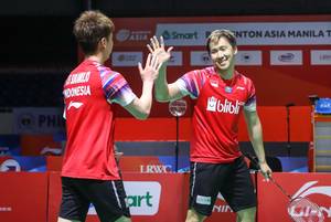 Selebrasi kemenangan Kevin Sanjaya Sukamuljo/Marcus Fernaldi Gideon (Indonesia).