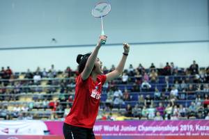 Selebrasi Putri Kusuma Wardani (Indonesia) saat berlaga di ajang World Junior Championships 2019.