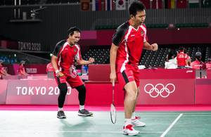 Selebrasi kemenangan Hendra Setiawan/Mohammad Ahsan (Indonesia). (Foto: BADMINTONPHOTO - Shi Tang)