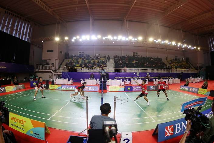 Laga final ganda putra Kejurnas PBSI 2024 antara Anselmus Breagit Fredy Prasetya/Pulung Ramadhan dan Devin Artha Wahyudi/Ghian Rizqy Sofyan (Djarum Badminton) Laga final ganda putra Kejurnas PBSI 2024 antara Anselmus Breagit Fredy Prasetya/Pulung Ramadhan dan Devin Artha Wahyudi/Ghian Rizqy Sofyan (Djarum Badminton)