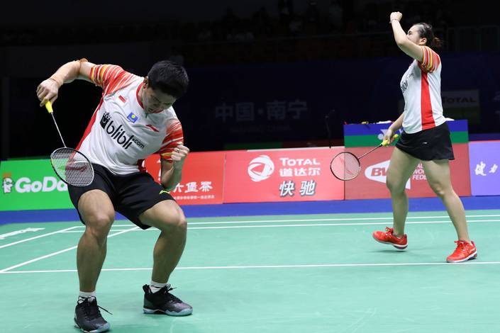 Selebrasi kemenangan Praveen Jordan/Melati Daeva Oktavianti (Indonesia). Selebrasi kemenangan Praveen Jordan/Melati Daeva Oktavianti (Indonesia).