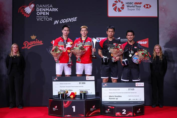 Kevin Sanjaya Sukamuljo/Marcus Fernaldi Gideon (Indonesia) juara ganda putra Denmark Open 2019 BWF World Tour Super 750. Kevin Sanjaya Sukamuljo/Marcus Fernaldi Gideon (Indonesia) juara ganda putra Denmark Open 2019 BWF World Tour Super 750.