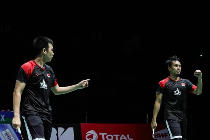Selebrasi kemenangan Hendra Setiawan/Mohammad Ahsan (Indonesia). Selebrasi kemenangan Hendra Setiawan/Mohammad Ahsan (Indonesia).