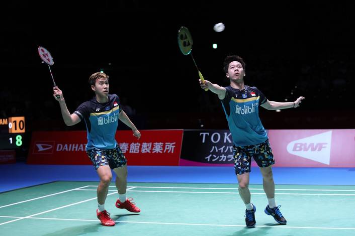 Kevin Sanjaya Sukamuljo/Marcus Fernaldi Gideon (Indonesia) mengembalikan shuttlecock. Kevin Sanjaya Sukamuljo/Marcus Fernaldi Gideon (Indonesia) mengembalikan shuttlecock.