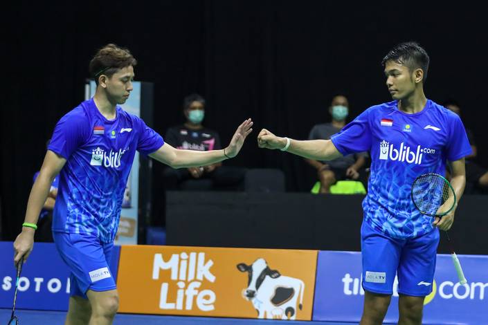 Selebrasi kemenangan Fajar Alfian/Muhammad Rian Ardianto (Tim Rajawali). Selebrasi kemenangan Fajar Alfian/Muhammad Rian Ardianto (Tim Rajawali).