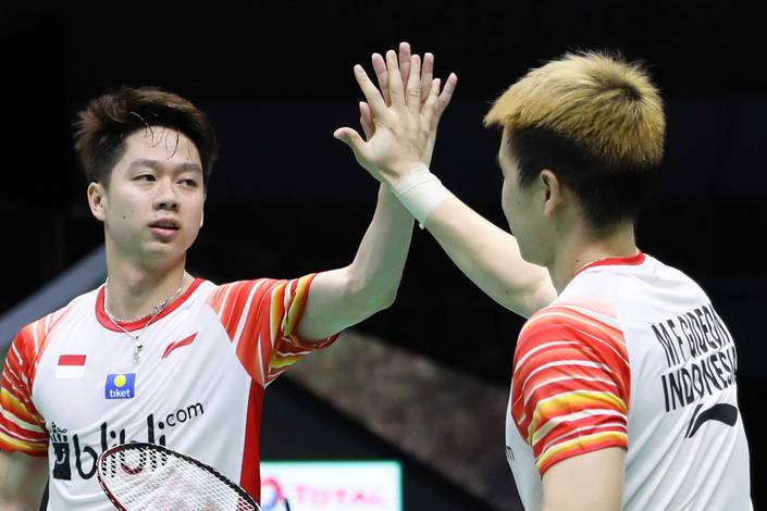Selebrasi kemenangan Kevin Sanjaya Sukamuljo/Marcus Fernaldi Gideon (Indonesia). Selebrasi kemenangan Kevin Sanjaya Sukamuljo/Marcus Fernaldi Gideon (Indonesia).