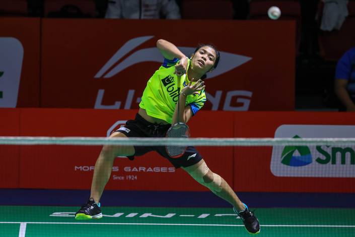 Gregoria Mariska Tunjung (Indonesia) melepaskan serangan. Gregoria Mariska Tunjung (Indonesia) melepaskan serangan.