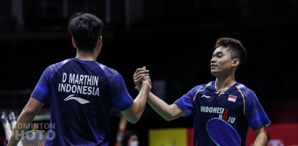 Selebrasi ganda putra Indonesia, Daniel Marthin/Leo Rolly Carnando. (Copyright: Badmintonphoto | Courtesy of BWF) Selebrasi ganda putra Indonesia, Daniel Marthin/Leo Rolly Carnando. (Copyright: Badmintonphoto | Courtesy of BWF)