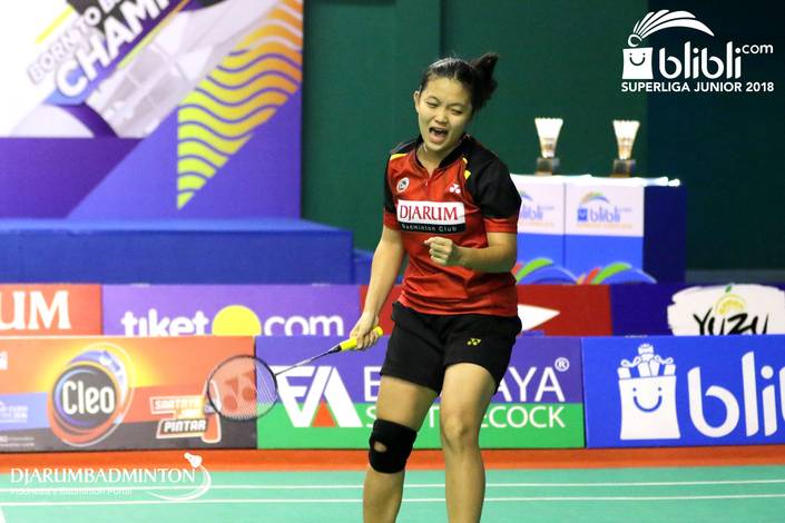 Selebrasi kemenangan Savira Sandradewi (PB Djarum Kudus). Selebrasi kemenangan Savira Sandradewi (PB Djarum Kudus).