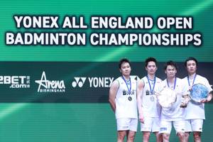 Kevin Sanjaya Sukamuljo/Marcus Fernaldi Gideon (kiri) pulang sebagai runner up dari ajang All England 2020 BWF World Tour Super 1000.