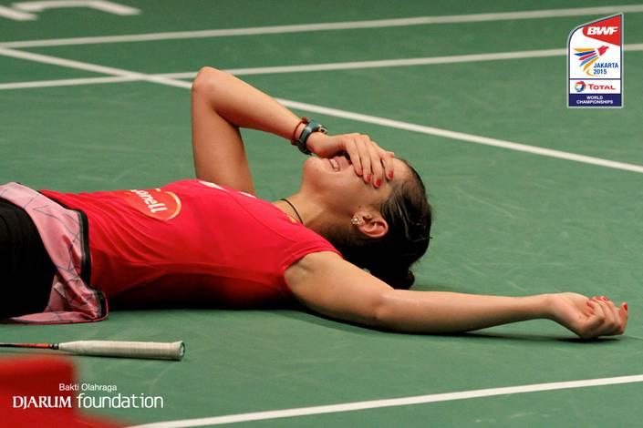 Eksresi kekecewaan Carolina Marin (Spanyol). Eksresi kekecewaan Carolina Marin (Spanyol).