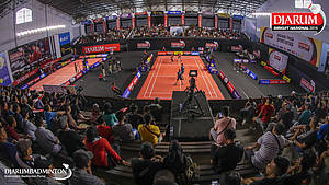 Suasana GOR 17 Desember, Mataram saat laga final Djarum Sirkuit Nasional Li-ning Nusa Tenggara Barat Open 2019.'
