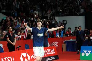 Selebrasi pemain Denmark Anders Antonsen usai menjuarai Indonesia Masters 2019 (Djarum Badminton)