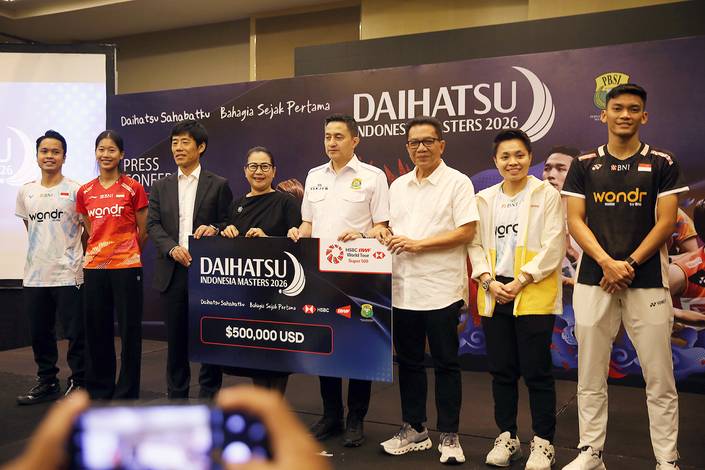Sesi foto jumpa pers Indonesia Masters 2025 (Djarum Badminton/Haikal Musyaffa Tasdik)